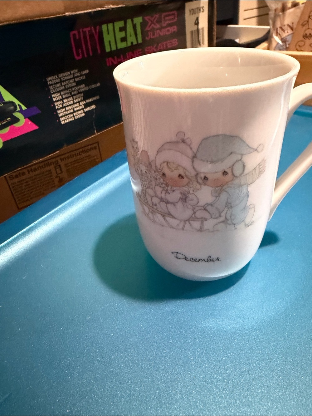 Precious Moments White Ceramic Mug with Pastel December Illustration